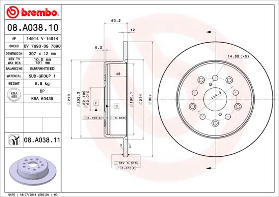 Brembo 08.A038.10 - Тормозной диск autodif.ru