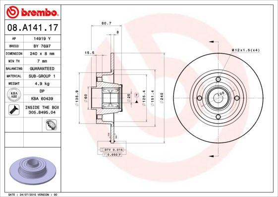 Brembo 08.A141.17 - Тормозной диск autodif.ru
