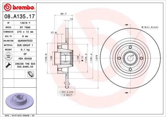 Brembo 08.A135.17 - Тормозной диск autodif.ru