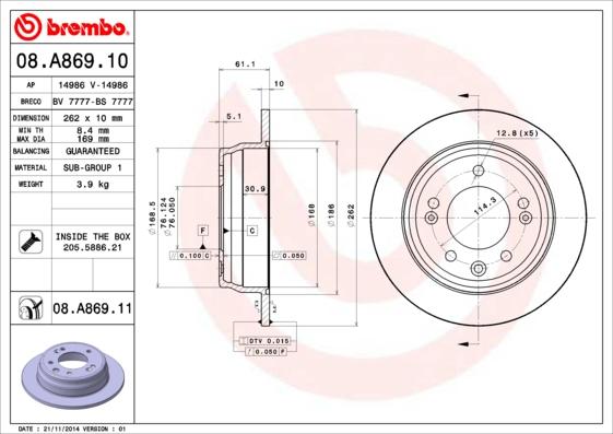 Brembo 08.A869.10 - Тормозной диск autodif.ru