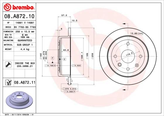 Brembo 08.A872.10 - Тормозной диск autodif.ru