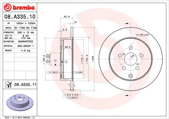 Brembo 08.A335.10 - Тормозной диск autodif.ru
