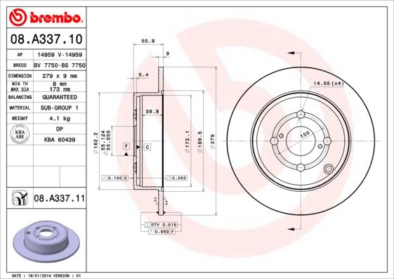 Brembo 08.A337.11 - Тормозной диск autodif.ru