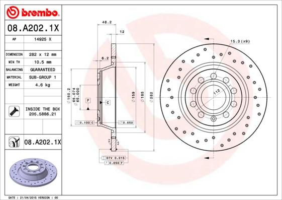 Brembo 08.A202.1X - Тормозной диск autodif.ru