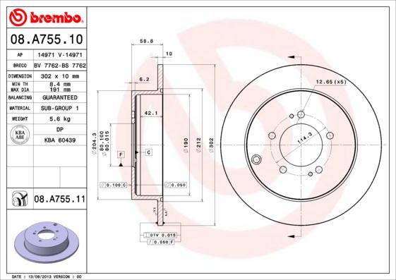 Brembo 08.A755.10 - Тормозной диск autodif.ru