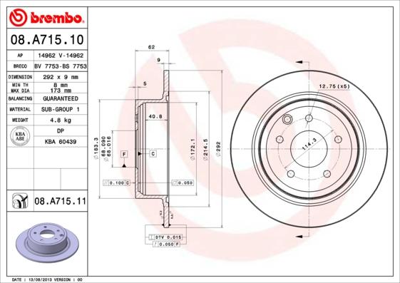 Brembo 08.A715.10 - Тормозной диск autodif.ru