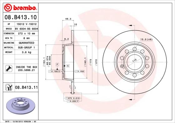 Brembo 08.B413.11 - Тормозной диск autodif.ru