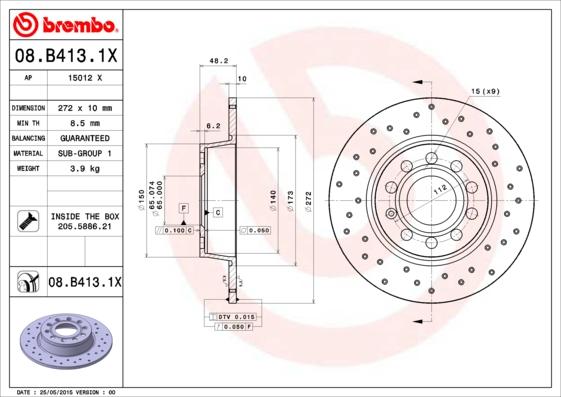 Brembo 08.B413.1X - Тормозной диск autodif.ru