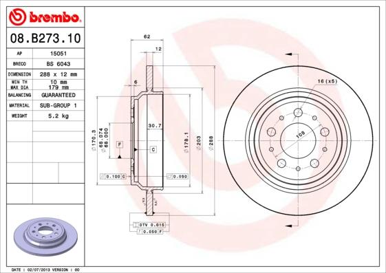 Brembo 08.B273.10 - Тормозной диск autodif.ru