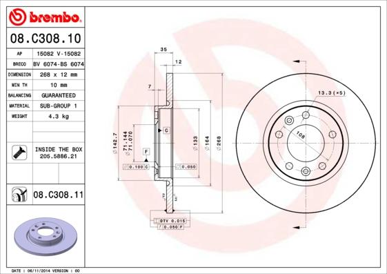 Brembo 08.C308.10 - Тормозной диск autodif.ru