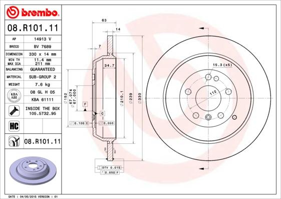 Brembo 08.R101.11 - Тормозной диск autodif.ru