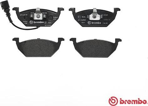 Brembo P 85 072 - Колодки тормозные дисковые передние (с датчиком) Audi A3 96-, Skoda Octavia 96-, VW Golf 4 97- (заме autodif.ru