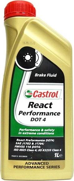Castrol 157F8B - Castrol React Perfomance DOT 4 (1L) жидкость тормозная !\ DOT 4, ISO 4925 Class 4, SAE J1703/J1704 autodif.ru