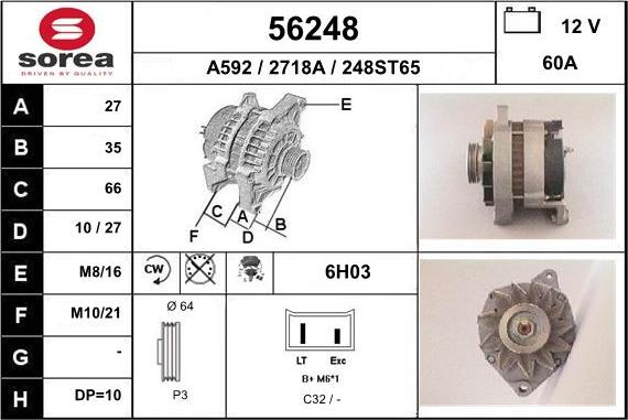EAI 56248 - SOR56248_генератор! 60A A13N- Renault R19-Clio 1.2-1.4 88-98 autodif.ru