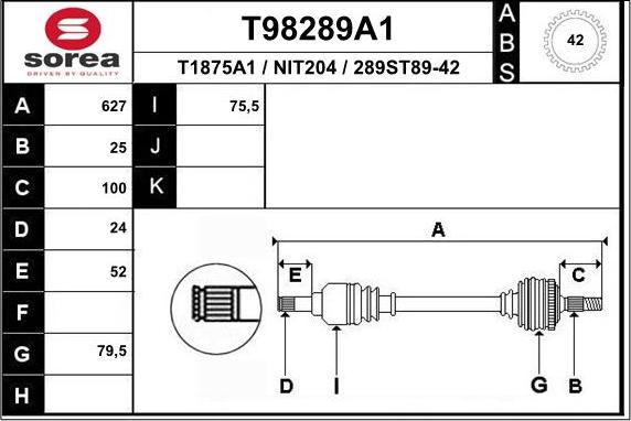 EAI T98289A1 - T98289A1_привод левый! 627mm\ Nissan Almera II N16 1.5 02-06 autodif.ru