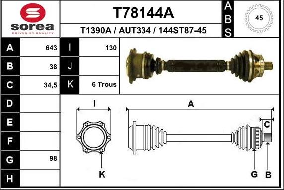 EAI T78144A - T78144A_привод правый! 643mm ABS- Audi A6 98> autodif.ru