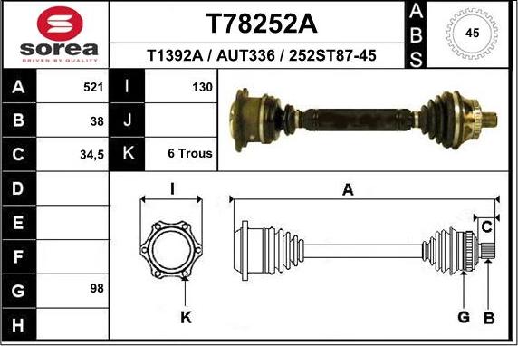 EAI T78252A - T78252A_привод правый! 521mm ABS\ Audi A6 98> autodif.ru