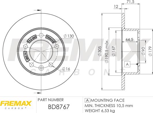 FREMAX BD-8767 - Диск тормозной задний Рено Master 3 FWD высокоуглеродистый 305x12 mm autodif.ru