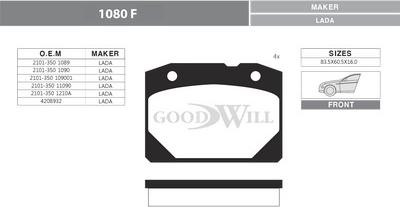 GoodWill 1080 F - Тормозные колодки, дисковые, комплект autodif.ru