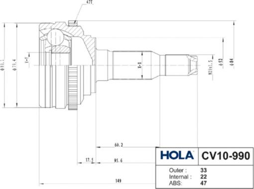 Hola CV10-990 - Шарнирный комплект, ШРУС, приводной вал autodif.ru