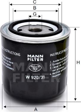 Mann-Filter W 920/31 - Масляный фильтр autodif.ru
