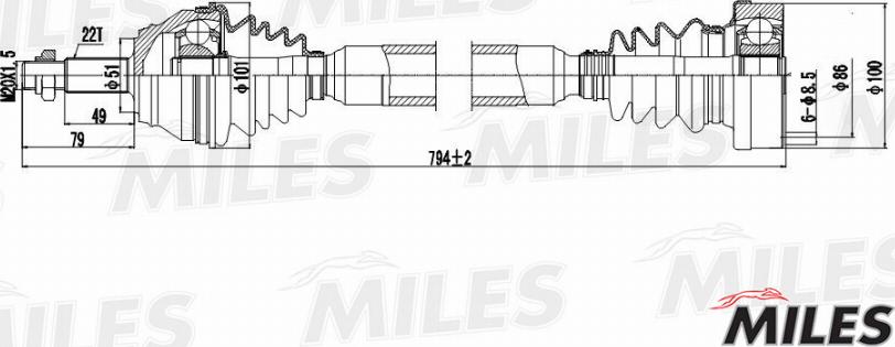 Miles GC02129 - Привод в сборе правый VW G3/PASSAT 1.8-2.0 88-98 (GKN 301242) GC02129 autodif.ru