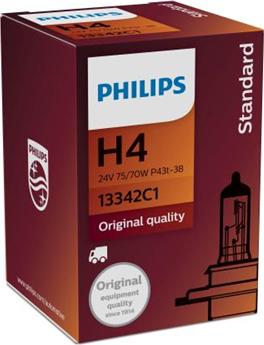 PHILIPS 13342C1 - Галогенная лампа Philips H4 (75/70W 24V) Standard 1шт QR код подлинности autodif.ru