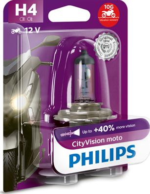 PHILIPS 12342CTVBW - Лампа галогенная для мототехники H4 12V 60/55W P43T-38 CITYVISION MOTO (На 40% больше света на дорог autodif.ru