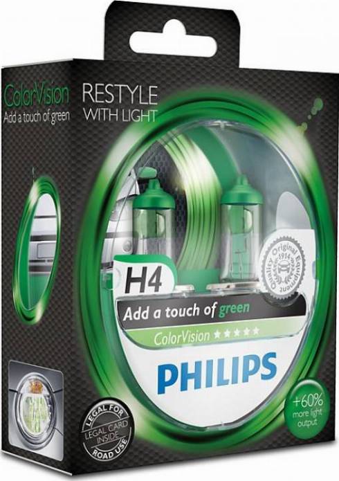 PHILIPS 12342CVPGS2 - Лампа Philips 12-60/55 Вт. H4 Color Vision галогеновая зёленая, комплект 2шт 12342CVPGS2/36787428 Ге autodif.ru