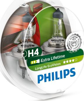 PHILIPS 12342LLECOS2 - Лампа автомобильная H4 12V- 60/55W (P43t) LongLife EcoVision (2шт) (Philips) autodif.ru