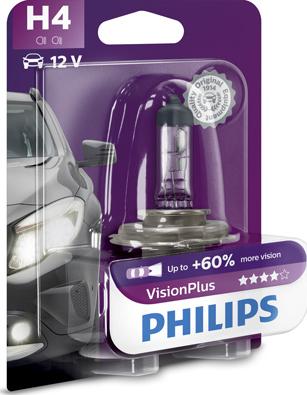 PHILIPS 12342VPB1 - Лампа галогенная блистер 1шт H4 12V 60/55W P43T VISIONPLUS (На 60% больше света на дороге) autodif.ru