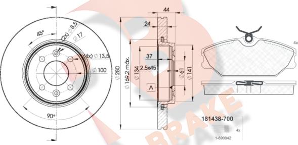 R Brake 3R14387829 - Дисковый тормозной механизм, комплект autodif.ru