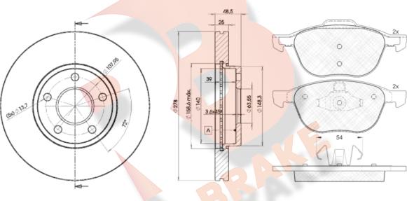 R Brake 3R16173963 - Дисковый тормозной механизм, комплект autodif.ru