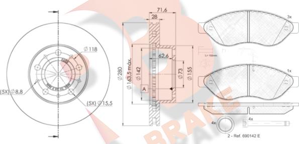 R Brake 3R18035622 - Дисковый тормозной механизм, комплект autodif.ru