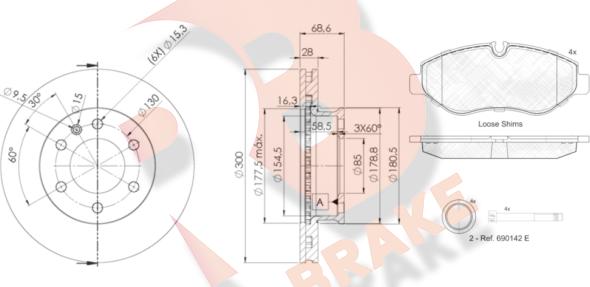 R Brake 3R17860190 - Дисковый тормозной механизм, комплект autodif.ru