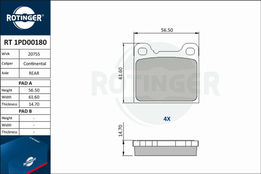 Rotinger RT 1PD00180 - Тормозные колодки, дисковые, комплект autodif.ru