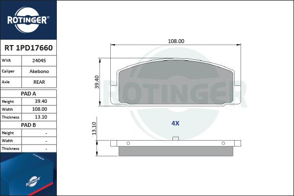 Rotinger RT 1PD17660 - Тормозные колодки, дисковые, комплект autodif.ru