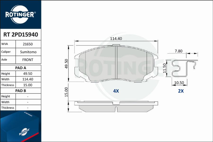 Rotinger RT 2PD15940 - Тормозные колодки, дисковые, комплект autodif.ru