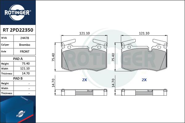 Rotinger RT 2PD22350 - Тормозные колодки, дисковые, комплект autodif.ru