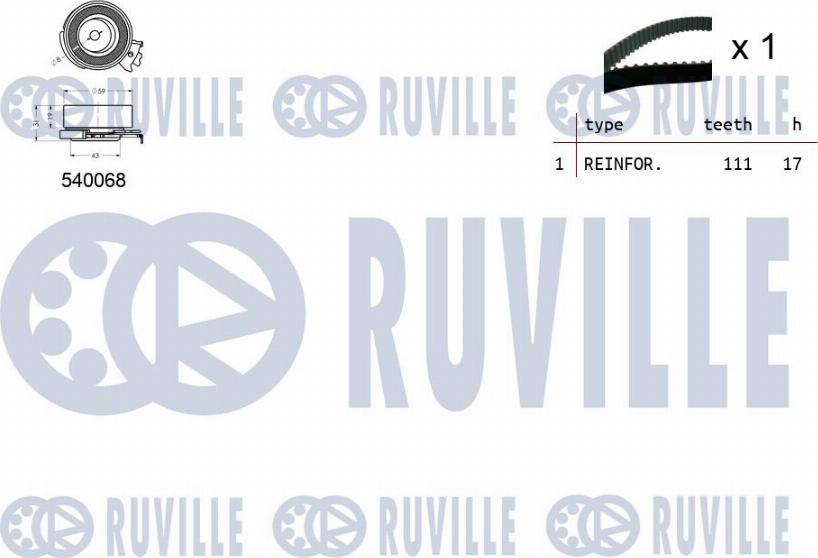 Ruville 550005 - Комплект ГРМ DAEWOO/OPEL 1.2-1.6 1986 => (ролик 1шт+ремень 111x17) autodif.ru