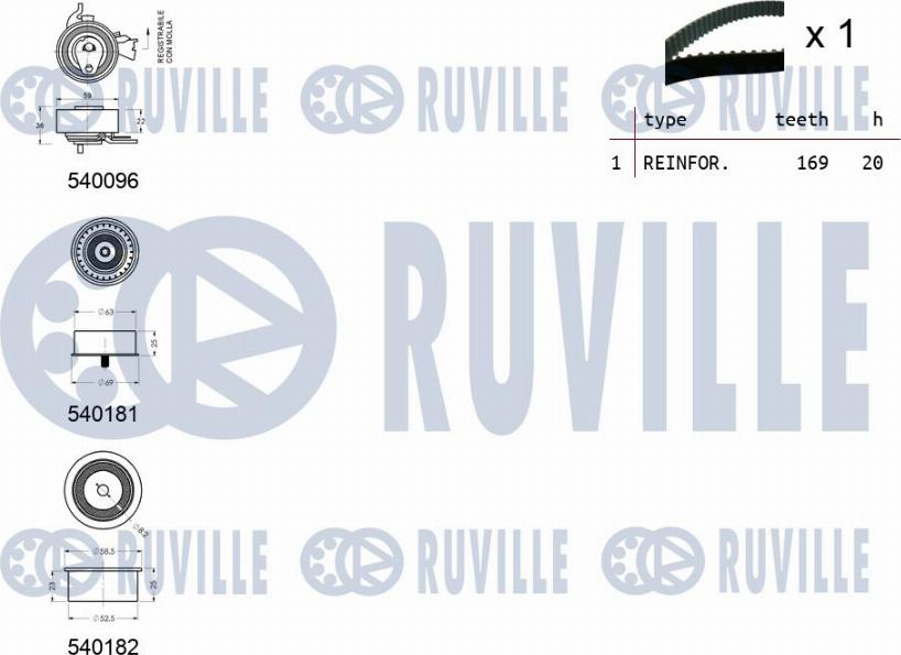 Ruville 550002 - Комплект ГРМ OPEL ASTRA/VECTRA 1.4/1.6/1.8 <=2005 (3 ролика+ремень 169з.) autodif.ru