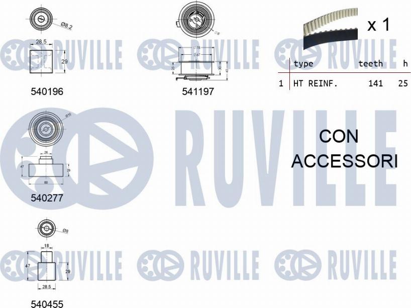 Ruville 550059 - Комплект ГРМ VAG A3/OCTAVIA/CADDY/GOLF 1.9 <=2010 (4 ролика +ремень 141з.) autodif.ru
