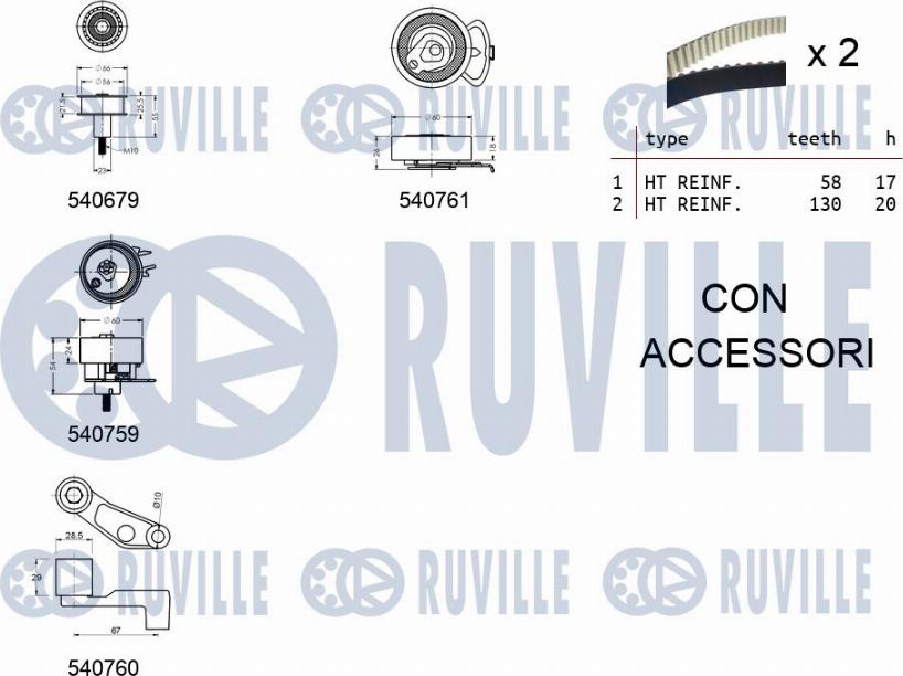 Ruville 550116 - Комплект ГРМ AUDI/VW GOLF/BORA 1.4/1.6 16V <=2006 (ролик 4шт+ремень 130x20+ремень 58x17) autodif.ru