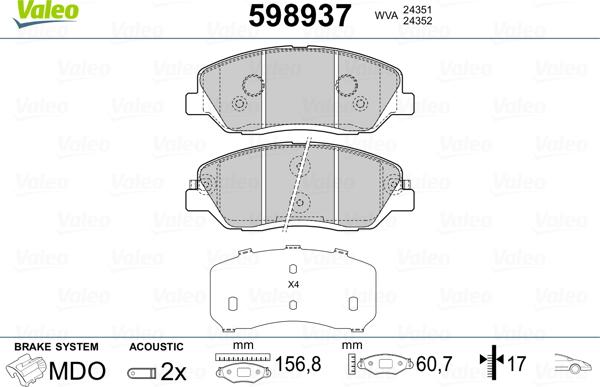 Valeo 598937 - Тормозные колодки, дисковые, комплект autodif.ru