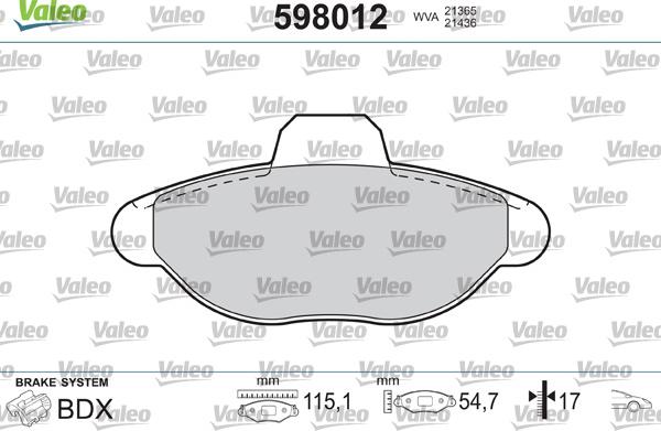 Valeo 598012 - Тормозные колодки, дисковые, комплект autodif.ru