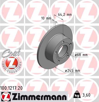 Zimmermann 100.1217.20 - Тормозной диск autodif.ru