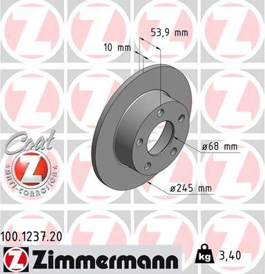 Zimmermann 100.1237.20 - ДИСК ТОРМ AUDI A6 C5 QUATTRO 1.8T/2.4/2.5TDI/2.7T/2.8/3.0 97- ЗАД НЕ ВЕНТ 245X10 autodif.ru