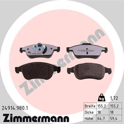 Zimmermann 24914.980.1 - Тормозные колодки, дисковые, комплект autodif.ru