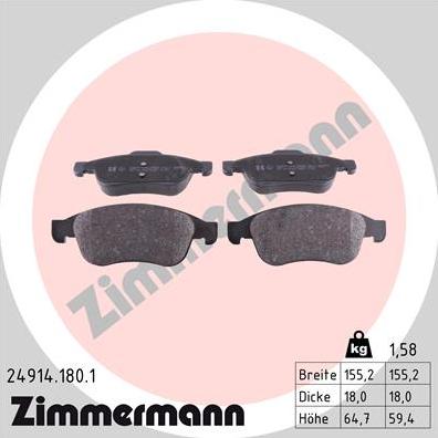 Zimmermann 24914.180.1 - Тормозные колодки, дисковые, комплект autodif.ru