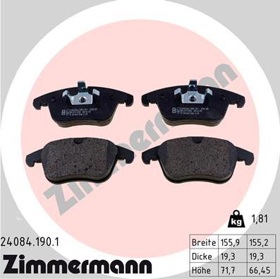 Zimmermann 24084.190.1 - Тормозные колодки, дисковые, комплект autodif.ru